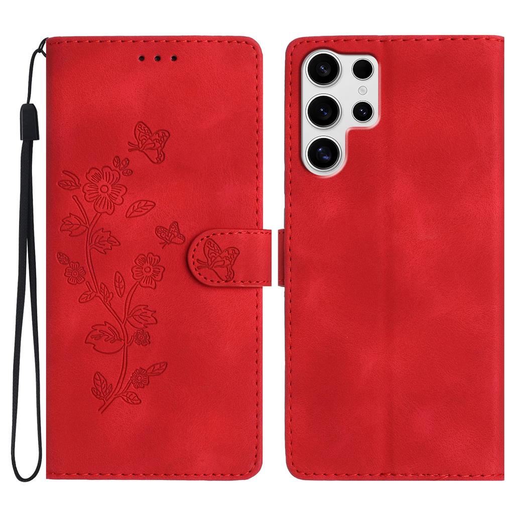 For Samsung Galaxy S25 Ultra Case Leather Imprinted Flower Phone Cover Wallet with Wrist Strap