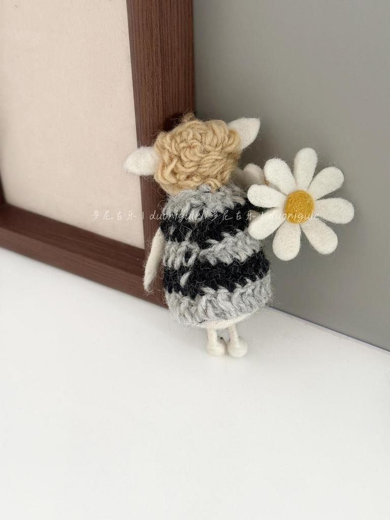 Blonde Flower Wool Felt Lamb Doll Pendant - Bag Charm, Keychain, Car Ornament