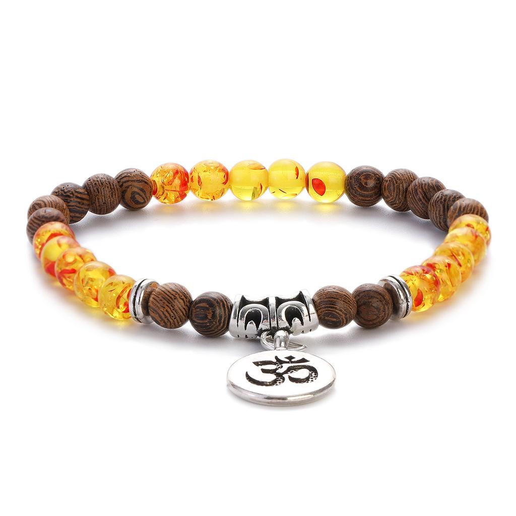 Natural Wood Beads Bracelet Women Men Yoga Meditation Prayer Om Pendant Wooden Jewelry Classic Sliver