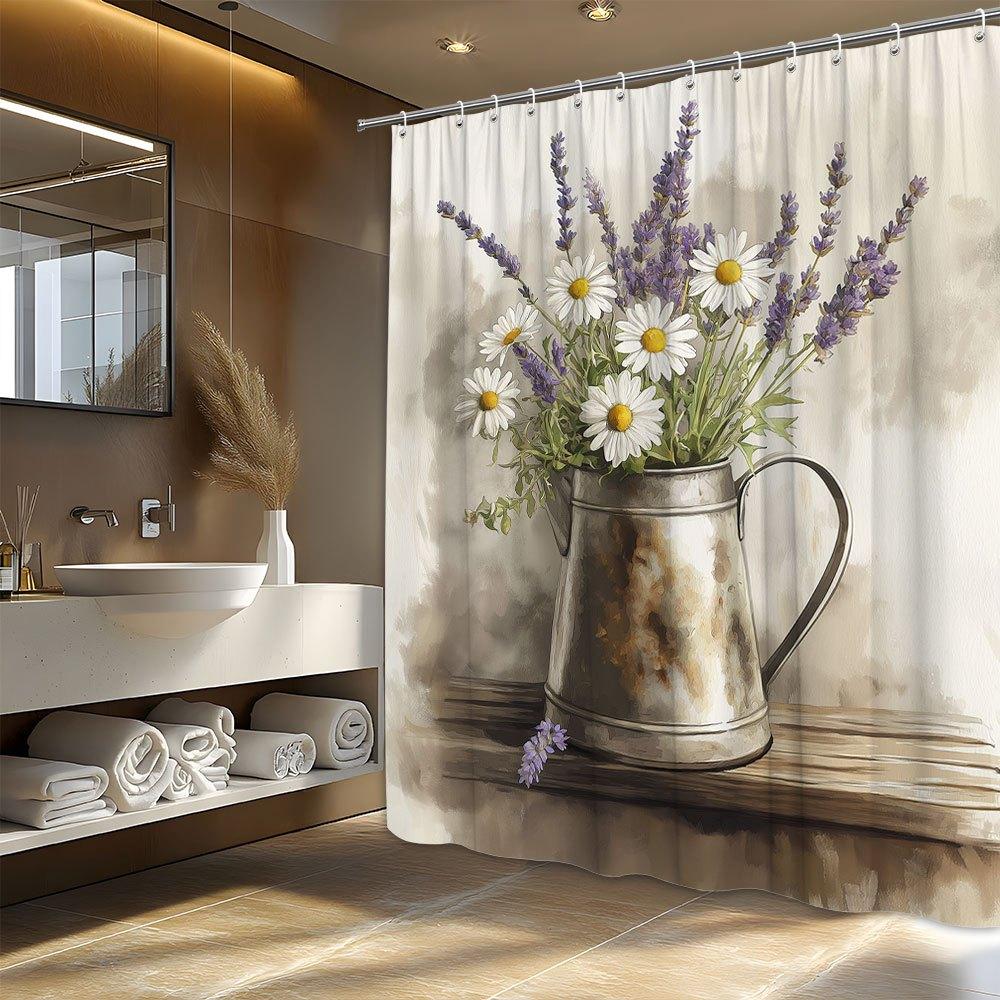 1pc Rustic Floral Shower Curtain - Vintage Metal Pitcher, White Daisies & Lavender, Watercolor Blend, Polyester