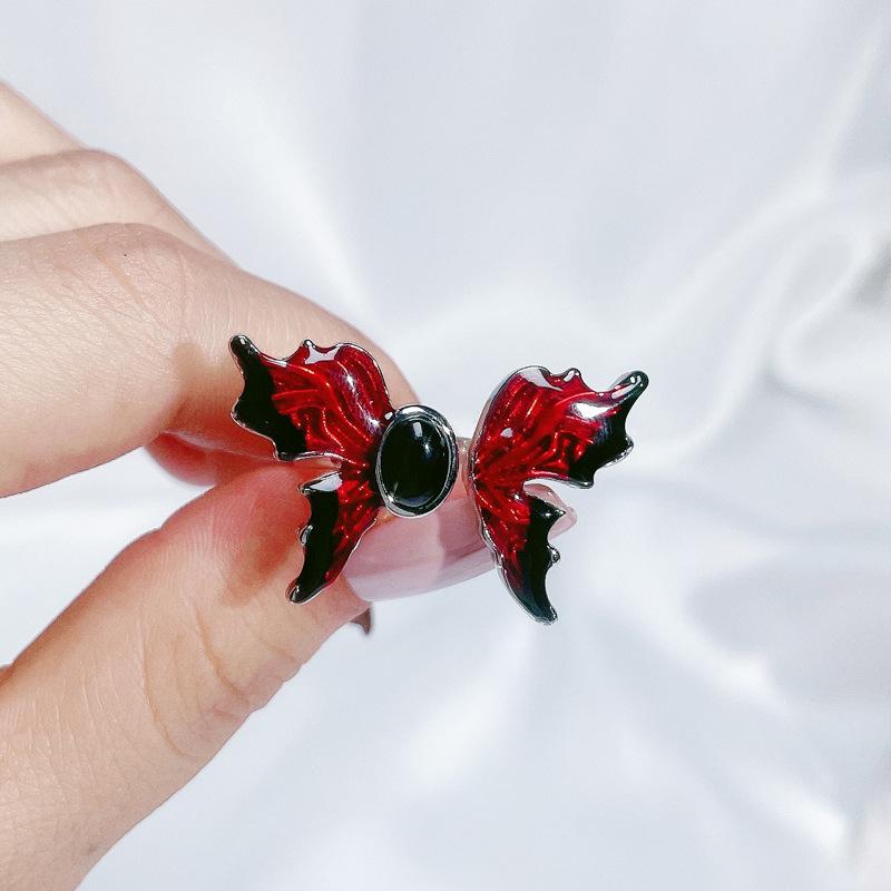 Temperament Niche Exquisite Design Sense Personality Ring Sweet Cool Red Enamel Drip Glaze Butterfly Opening Ring Female