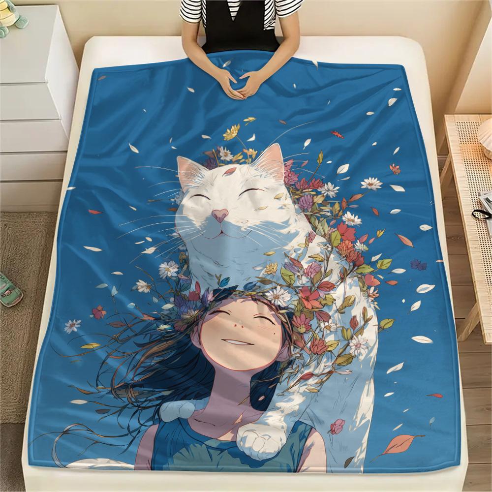 Cat Women Print Flannel Blanket, High quality Comfortable for All Seasons, Home Decor, Warmth and Comfort