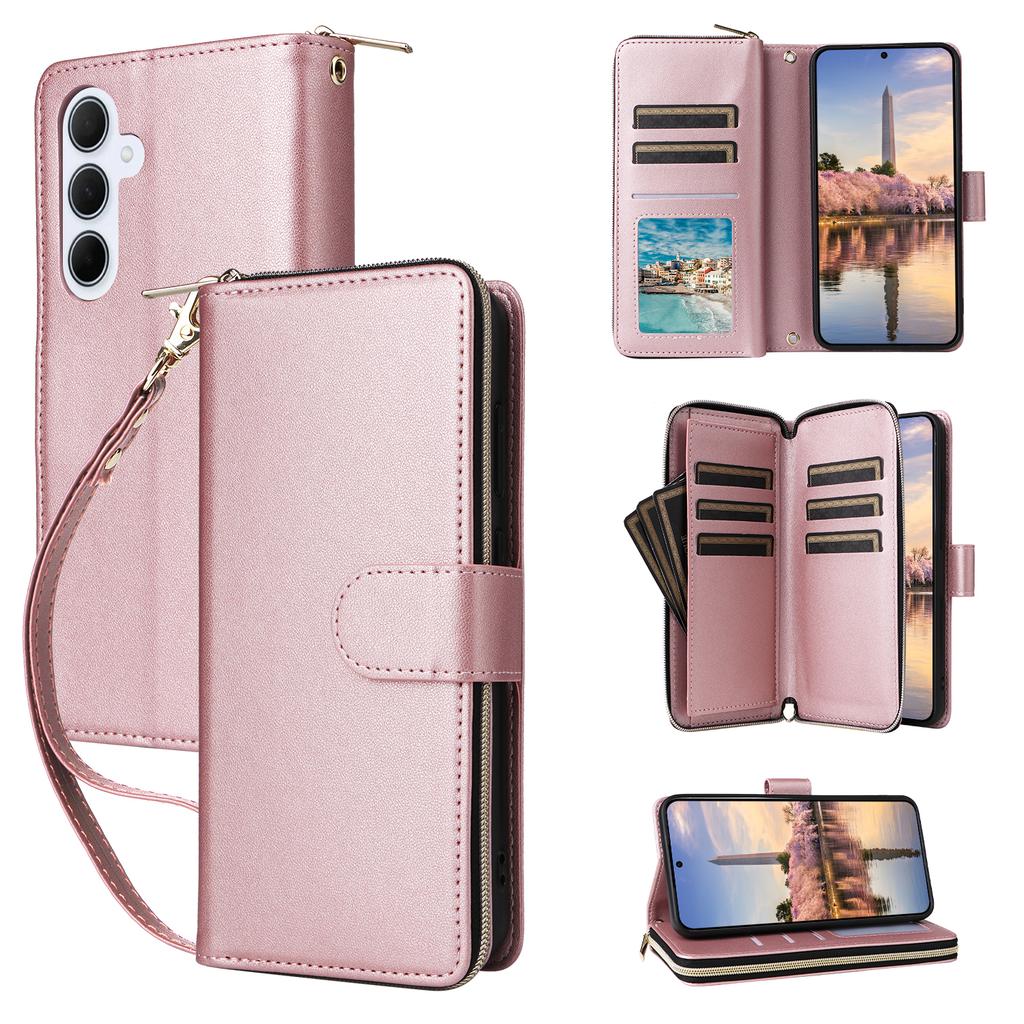 R20 For Samsung Galaxy A35 5G Case PU Leather Zipper Phone Cover with 2 Straps
