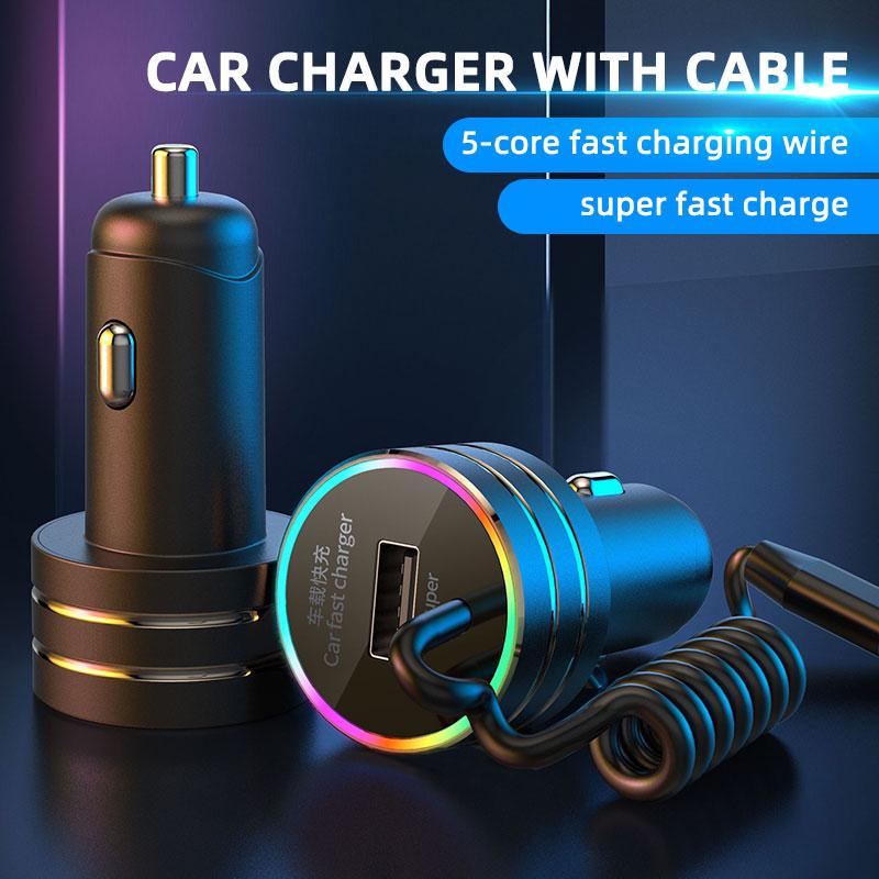 

K13 USB Car Charger QC3.0 Fast Charging Adapter with Type-C Spring Cable for 12-24V Vehicles