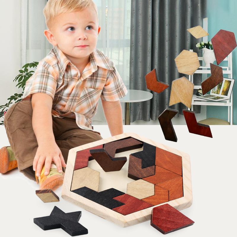 Sechseckiges Holzpuzzle für Kinder und Erwachsene, Block-Tangram-Denkspiel, Geometrie-Logik-Spiel, IQ-Spiel, Montessori-Lerngeschenk