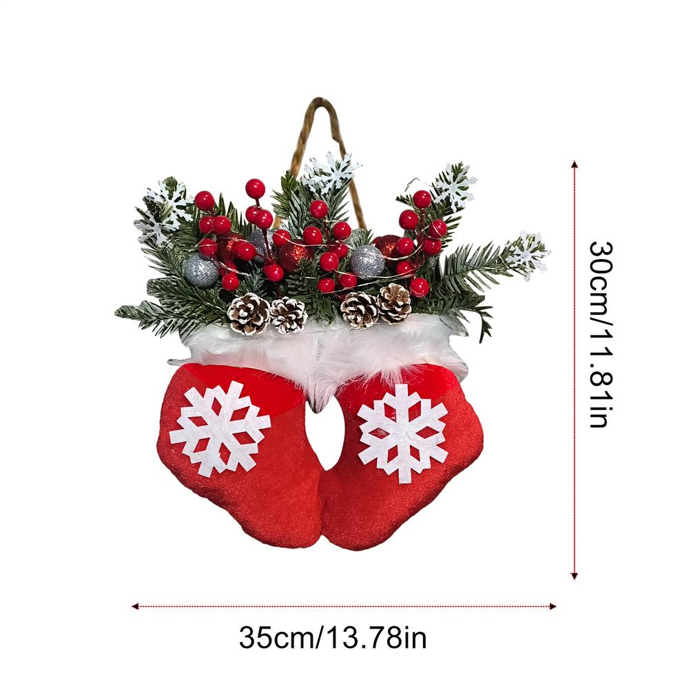 Christmas Door Wreath Mitten Artificial Holiday Garland with LED Lights Holiday Decorations with Red Berries Pine Cones Branches