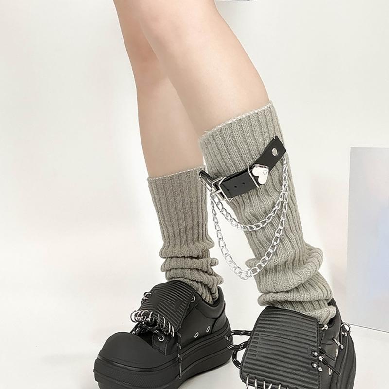 Ribbed Knitted Boot Toppers Covers with Heart Chain Leather Belt Harajuku Gothic Punk Leg Warmers Scrunch Long Socks