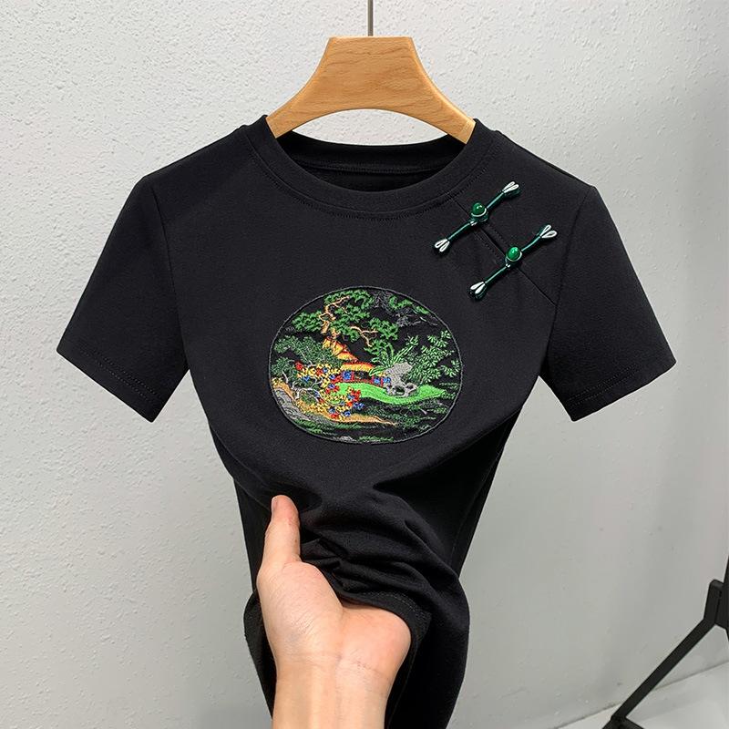 Chinese Style Embroidered Short-sleeved T-shirt for Women New Summer Women's Clothing New Chinese Round Neck Button Black Top