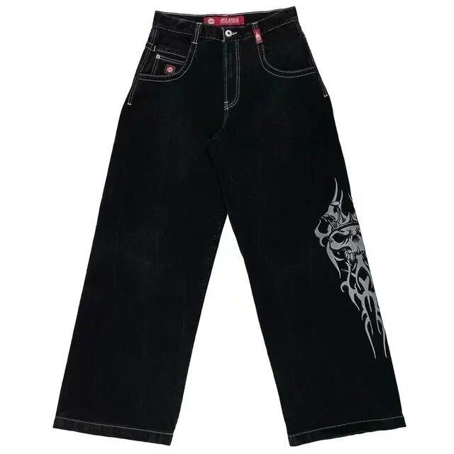 Streetwear JNCO jeans Y2K hip-hop cartoon pattern loose black pants men's and women's wide-leg pants wholesale