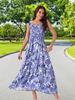 Uxcell Women's Floral Print Beach Sundress, Square Neck, Ruffled, Cap Sleeves, Tiered Maxi Dress, Dark Blue, Size S