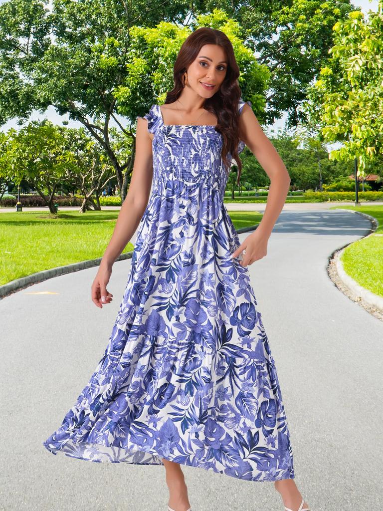 Uxcell Women's Floral Print Beach Sundress, Square Neck, Ruffled, Cap Sleeves, Tiered Maxi Dress, Dark Blue, Size S