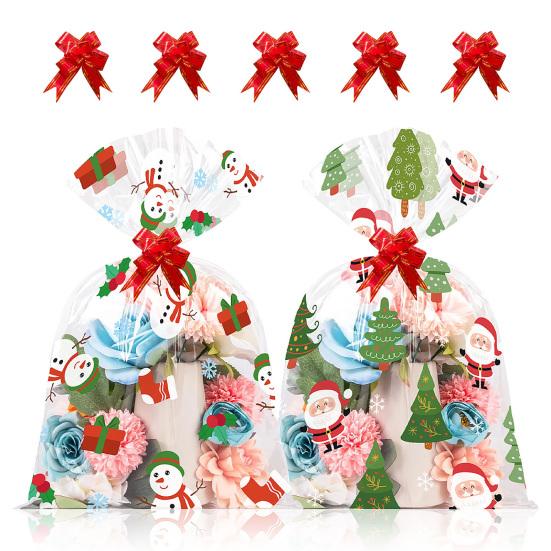 Christmas Treat Bags Plastic Clear Xmas Candy Bags with Pull Bow Set for Baby Shower Bridal Shower Raffle Easter Christmas Party Supplies
