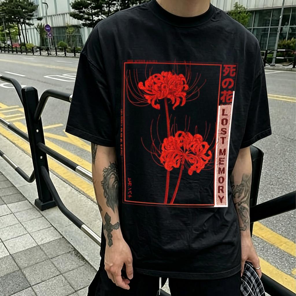 Vintage Red Spider Lily T-Shirt Dead Flower Lost Memory Anime Aesthetic Tee Dark Harajuku Goth Streetwear Graphic Casual Shirt