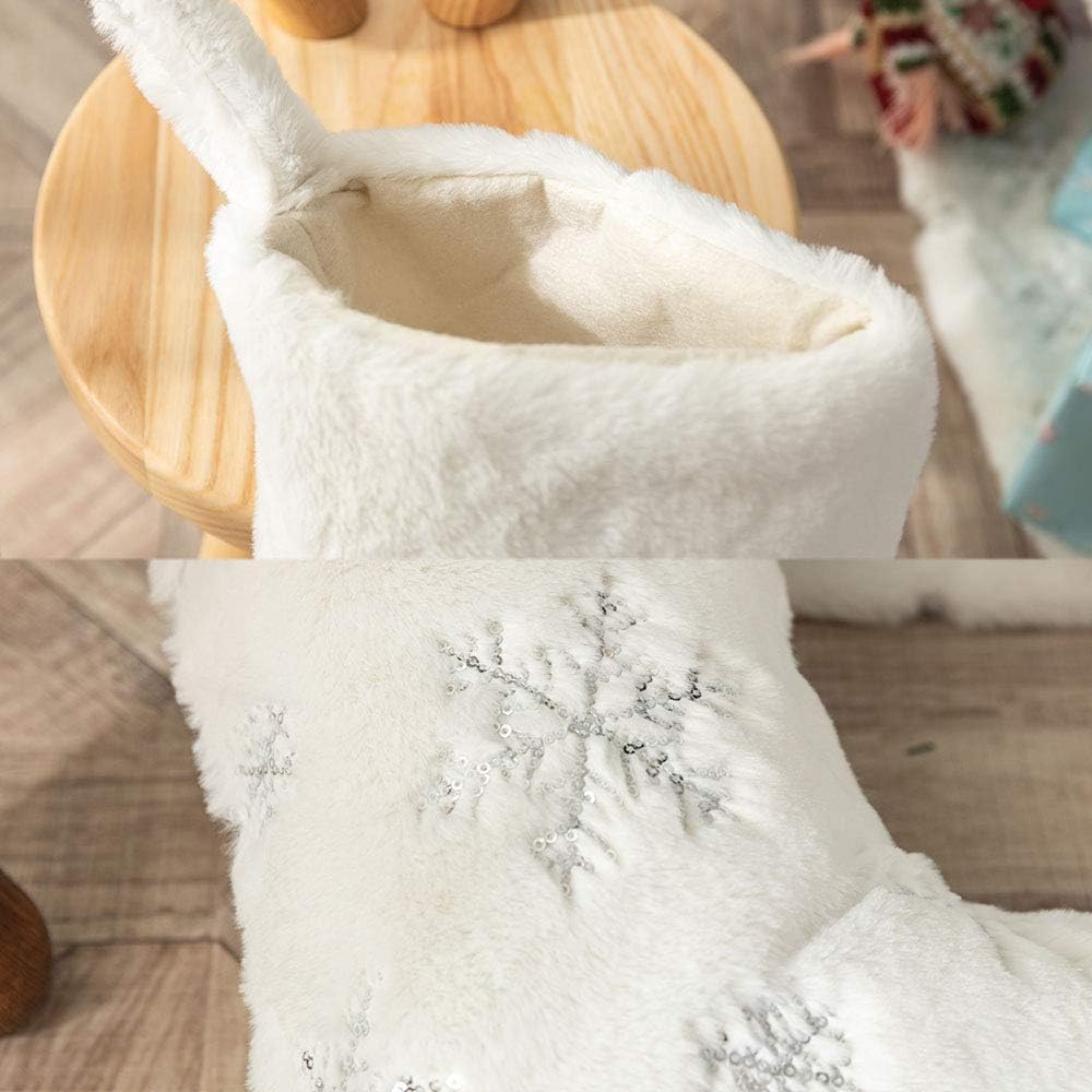2PCS Plush Christmas Stockings White Faux Fur Large 56cm Deluxe Hanging Xmas Stockings with Silver Sequin Snowflake for Christmas Fireplace