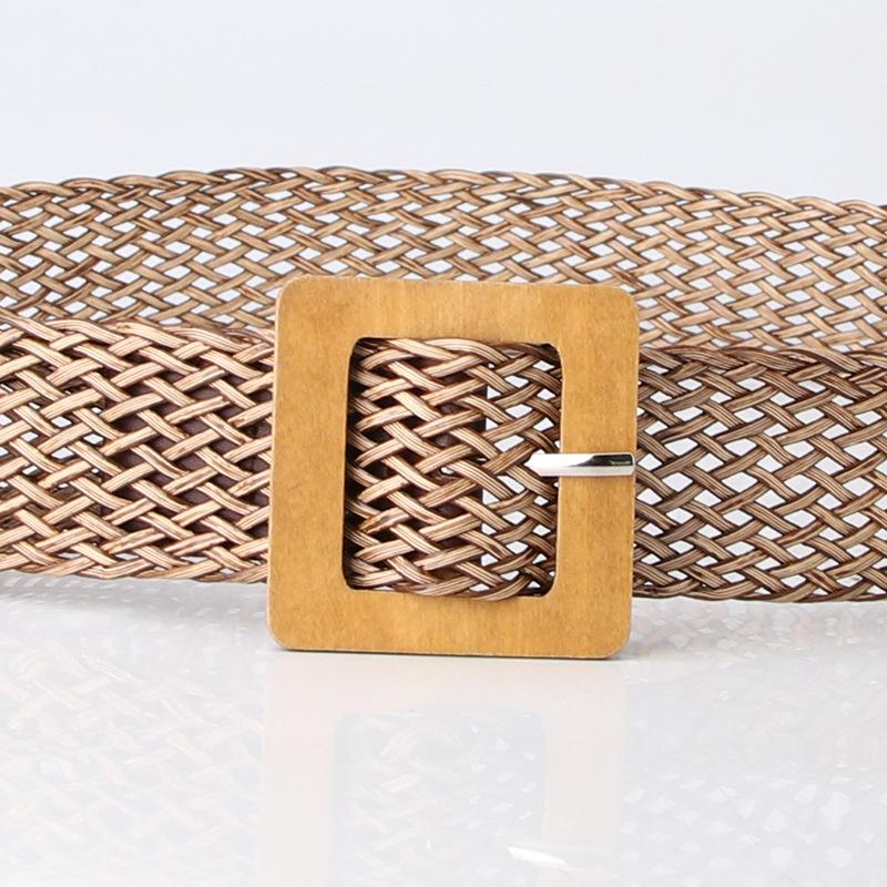 Women's woven belt Wood color square buckle decorative jeans belt Simple fashion dress belt