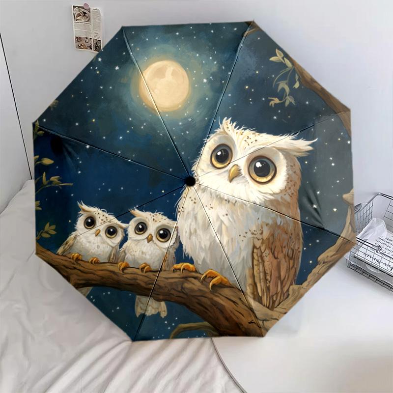 Owl  Pattern, Automatic Folding Umbrella, Portable and Foldable Design, 8 Ribs, a Christmas or Birthday Gift.