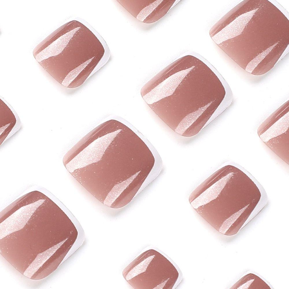 24pcs Girls Square Short White Edge Fake Toenails French Full Cover