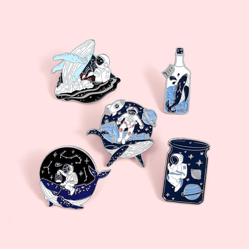 Whale Astronaut Drifting Bottle Metal Design Badges Brooch Enamel Pins Label Bag Backpack Jewelry Boy Girl Gift