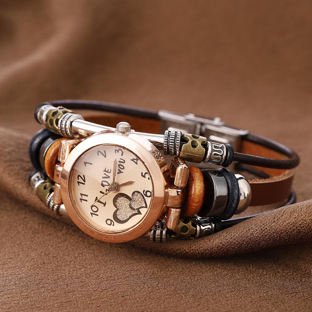 Retro Multi-Style Cowhide Quartz Bracelet Watch - Handmade Multi-Layer Stainless Steel Circle Jewelry