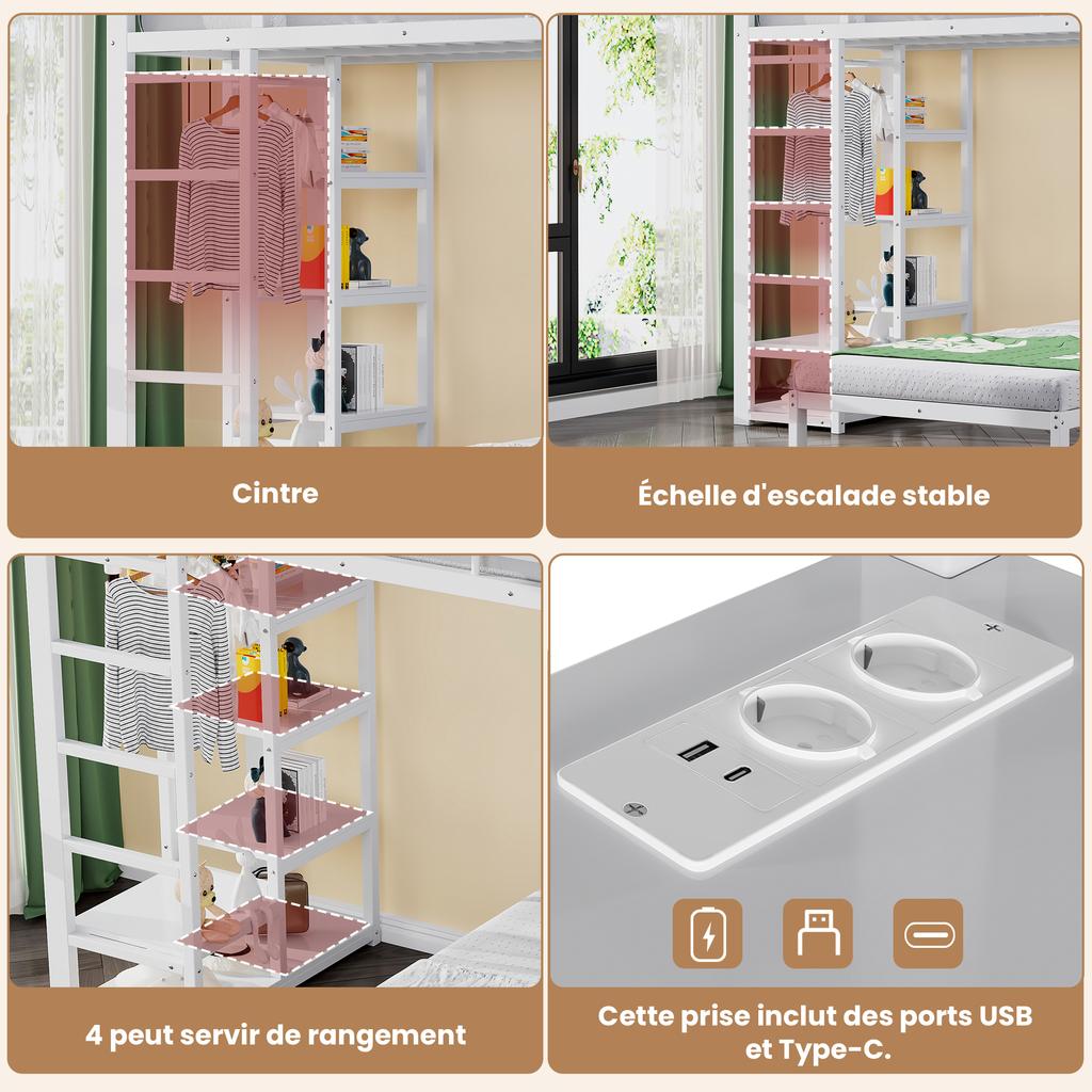 Two Sleeping Places, Loft Bed, Iron Frame, 90 x 200 cm, Desk, Socket USB and Type-C Port, Shelves, Clothes, EN747 Certified, Without Mattress, White