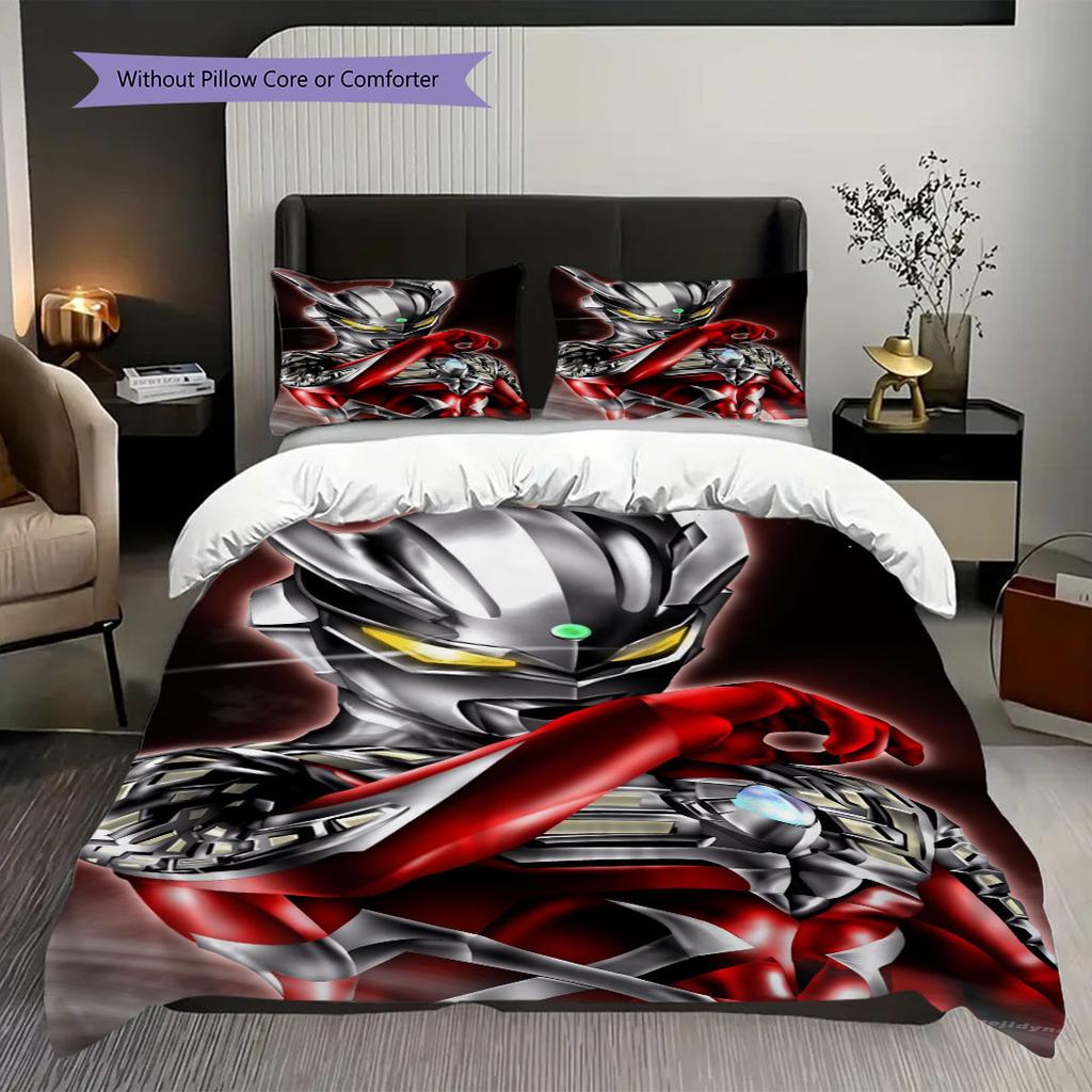 3pc Ultraman cartoon print unbleached bed sheet set(1*Duvet Cover + 2*Pillowcase, Without Core), for bedroom bedding decoration