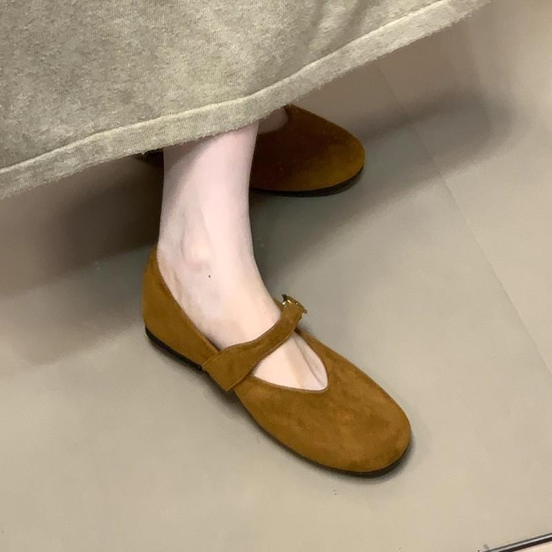 2025 autumn new suede one-word with shallow mouth single shoes fairy fairy style flat-bottomed versatile Mary Jane shoes grandma shoes