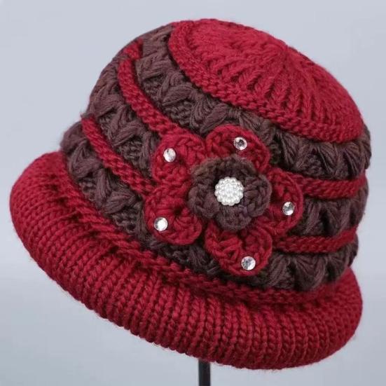 Winter Basin Hat Floral Design Soft Velvet Thermal Insulation Middle-Aged Elderly Women Knitting Hat Headwear