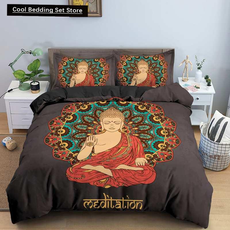 Set Letto Buddha Religione Indiana Buddismo Meditazione Mandala Copripiumino Sorriso Buddha Floreale Morbido Copripiumino Queen King Size