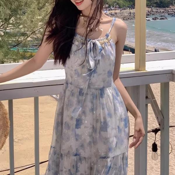 Coffee Break French Super Beautiful Floral Suspender Dress Women's Summer New Seaside Vacation Style Beautiful Long Dress