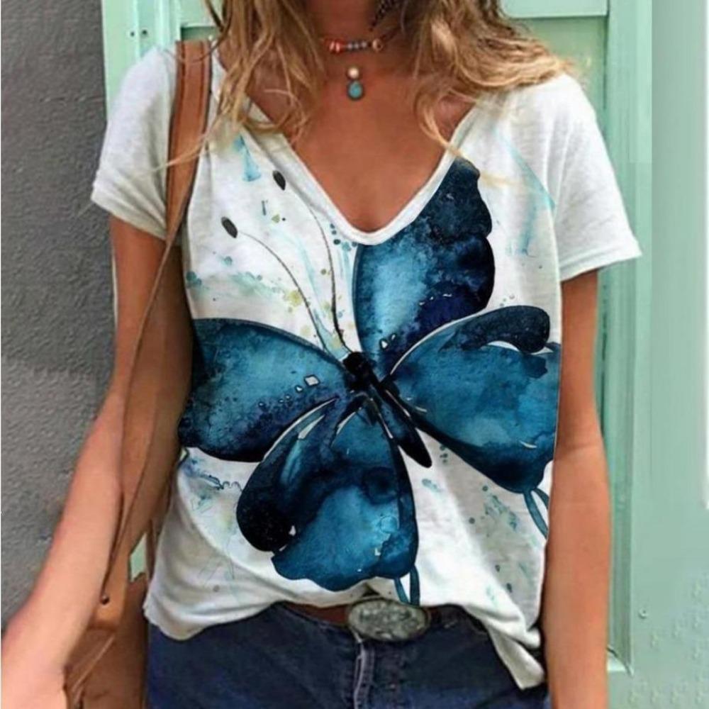 Summer Butterfly Floral T-Shirts 3D Print Women Fashion V-Neck Short Sleeve T Shirt Y2K Casual Tees Harajuku Top Female Clothing