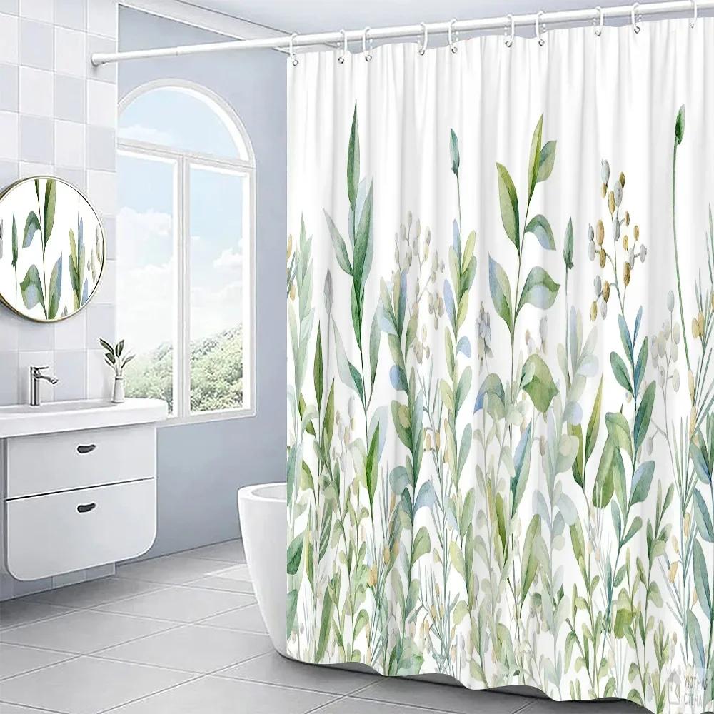 Leaves Shower Curtain Set Garden Plant Green Leaf Fresh Rustic Style Bathroom Decor Bath Curtain Polyester Fabric Washable Cloth