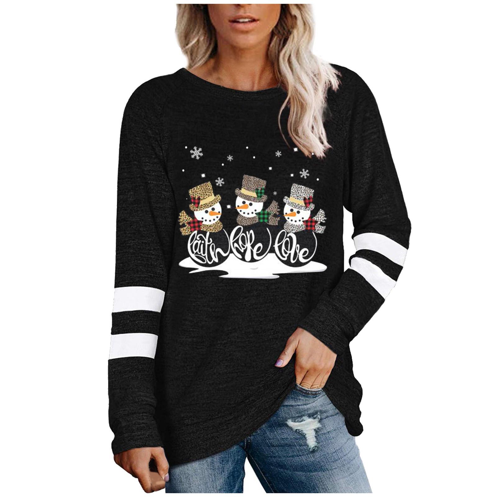 

Fashion Casua Womens Christmas Long Sleeve Striped Spliced Tops Loose Sweatshirt