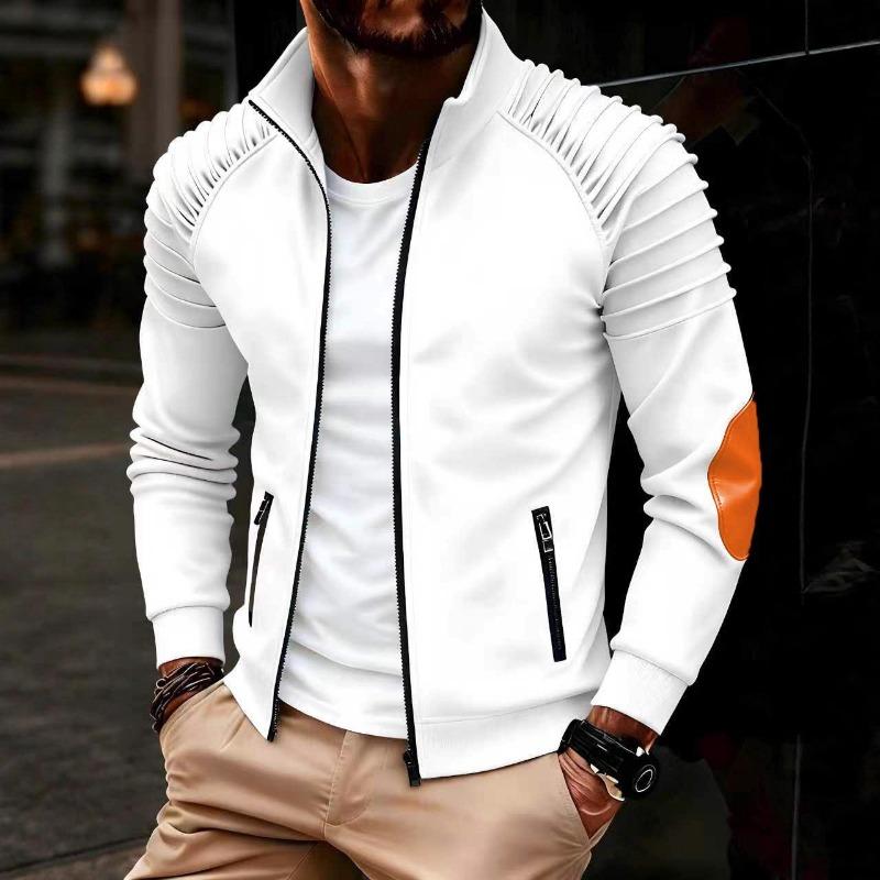 

Spring Men s White Patchwork Bomber Jacket Stand Collar Pleated Sleeve S белый