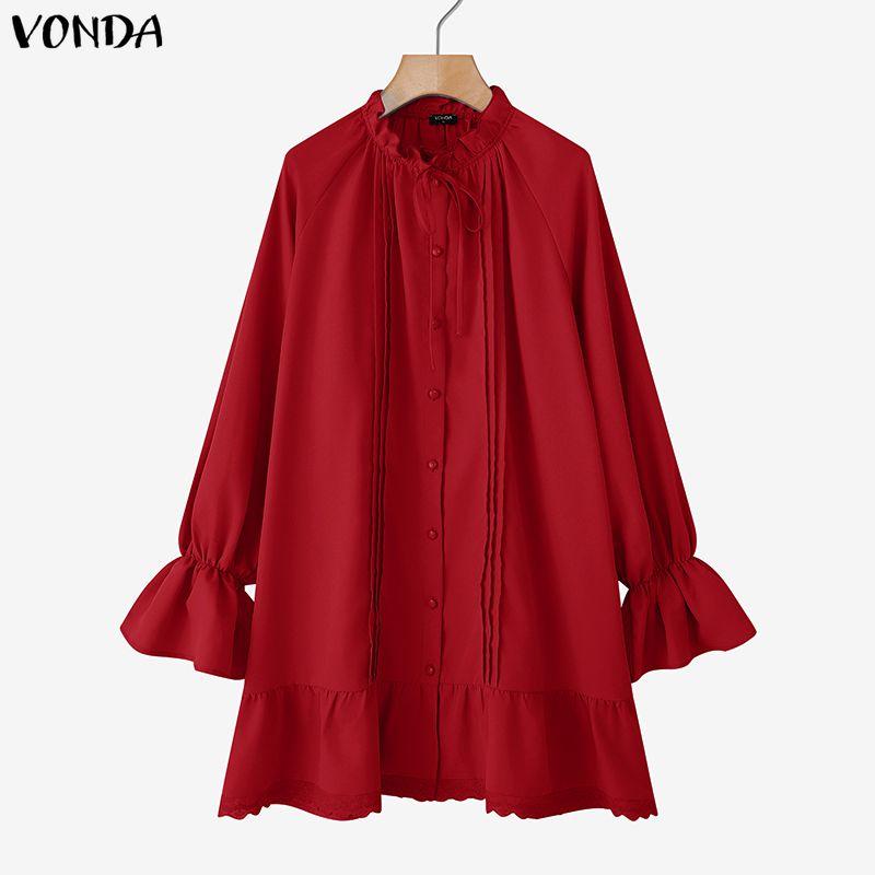 

VONDA Женское платье-рубашка с воротником-стойкой, однотонное, свободного кроя, с длинным рукавом, повседневное, с оборками 5XL красный