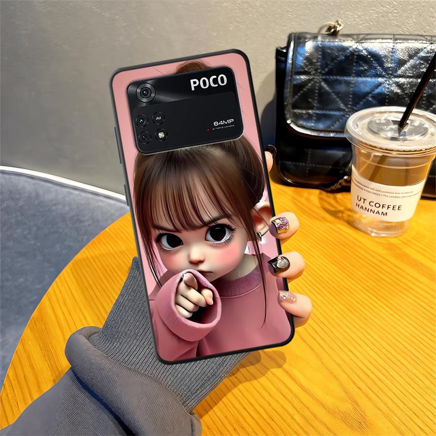 מארז ל-Xiaomi Poco X3 X4 X5 X7 Pro C61 M3 M4 M7 Pro C50 F3 C40 C71 F1 M5 C75 כיסוי טלפון שחור רך דוגמת ילדה מצוירת