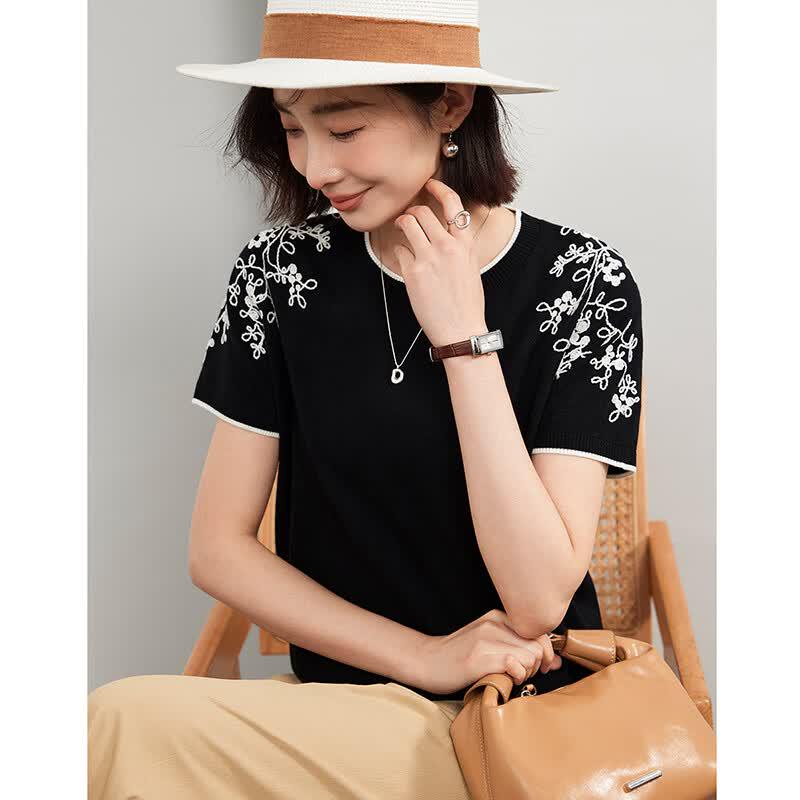 Wudao Women's Silk-Blend Embroidered Knit T-Shirt