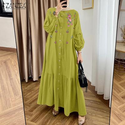 Women Casual O-neck Loose Long Sleeve Floral Embroidery Dress