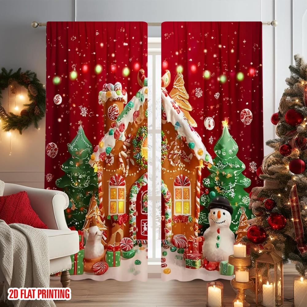 2 Stück 2D-Flachdruck Frohe Weihnachten Beliebtes Vorhang Lebkuchenhaus Weihnachtsszene Kunstwerk 100% Polyestergewebe Ohne