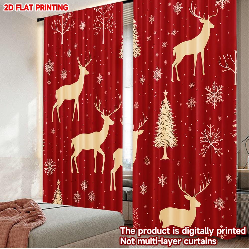 

Flat Printing Happy Christmas Party Curtains Reindeer Snowflakes Digital Printed Polyester Drapes Durable Curtain Set Of 2 Made Washable W100*H70(CM)-Grommet top&2PCS