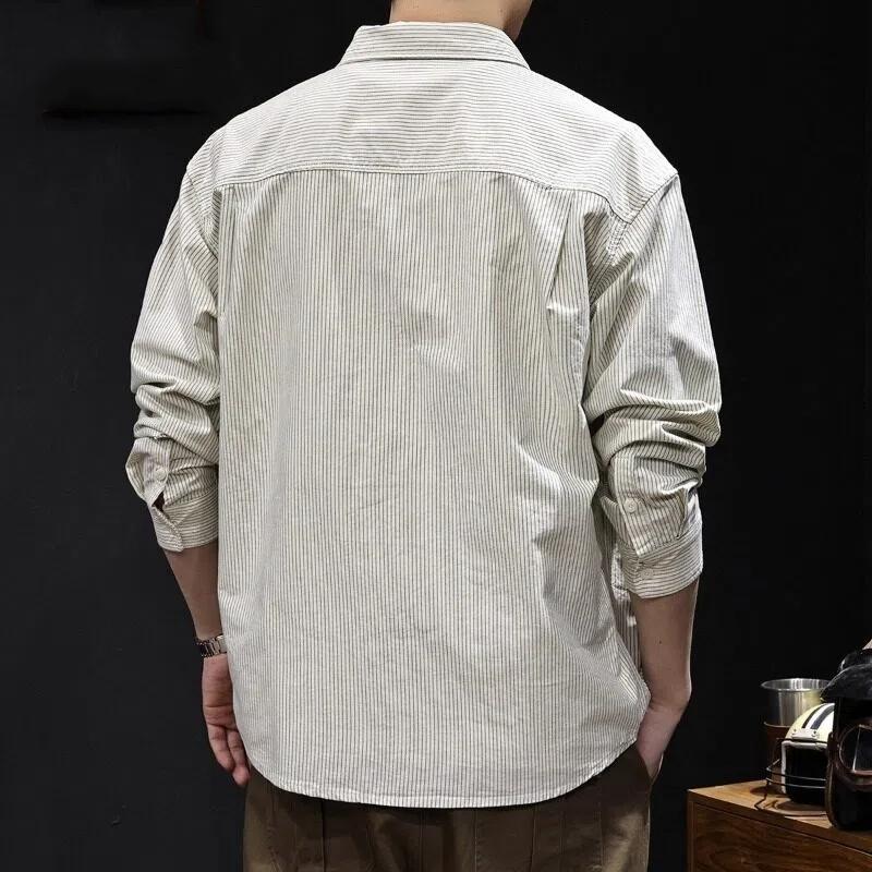Men's White Striped Long Sleeve Shirt, Casual Button Down Top with Chest Pocket, Loose Fit for Daily Wear