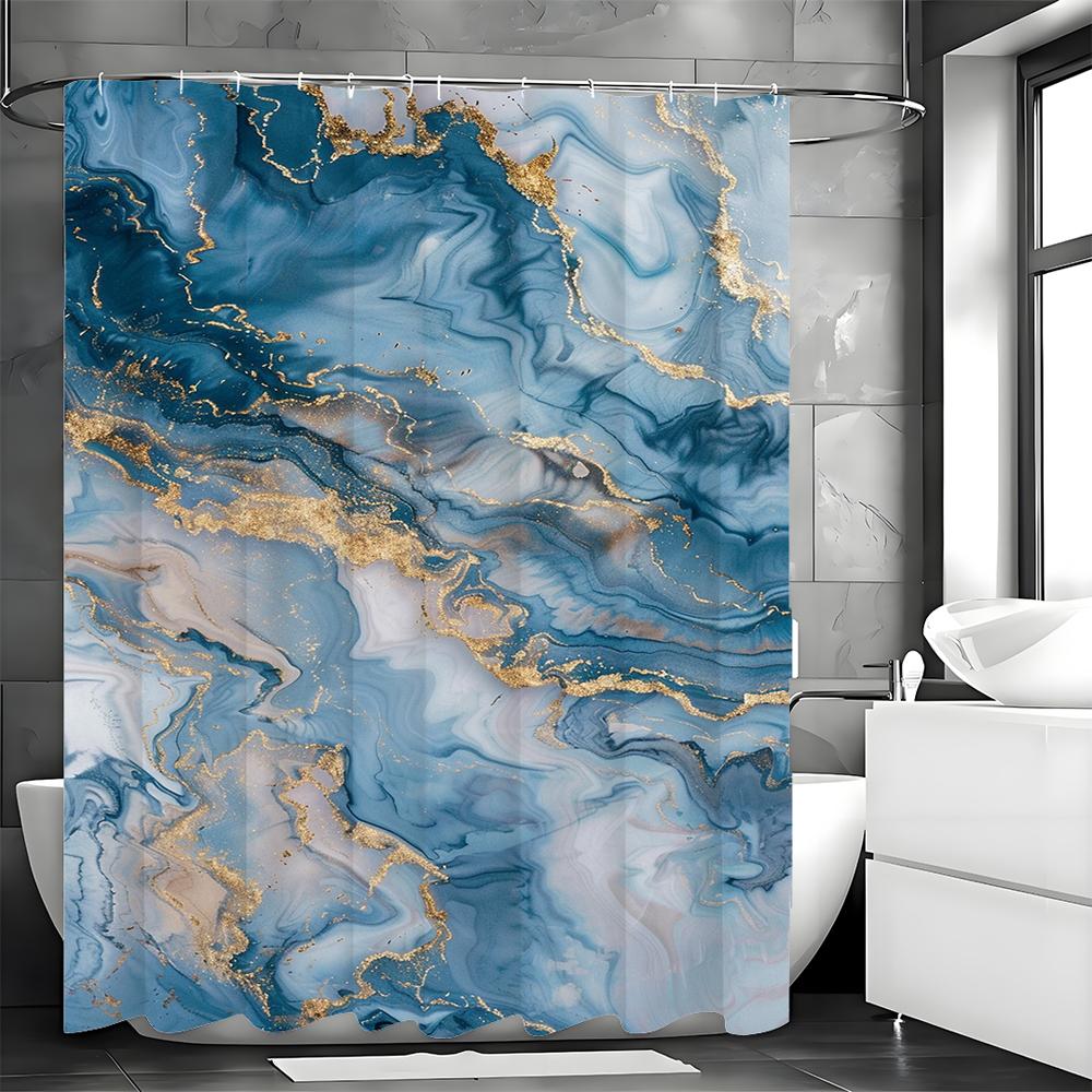 Blaue Marmorierte Fließkunst Duschvorhang, Dekorativer Duschvorhang für das Badezimmer, Wasserdichter Duschvorhang mit Haken