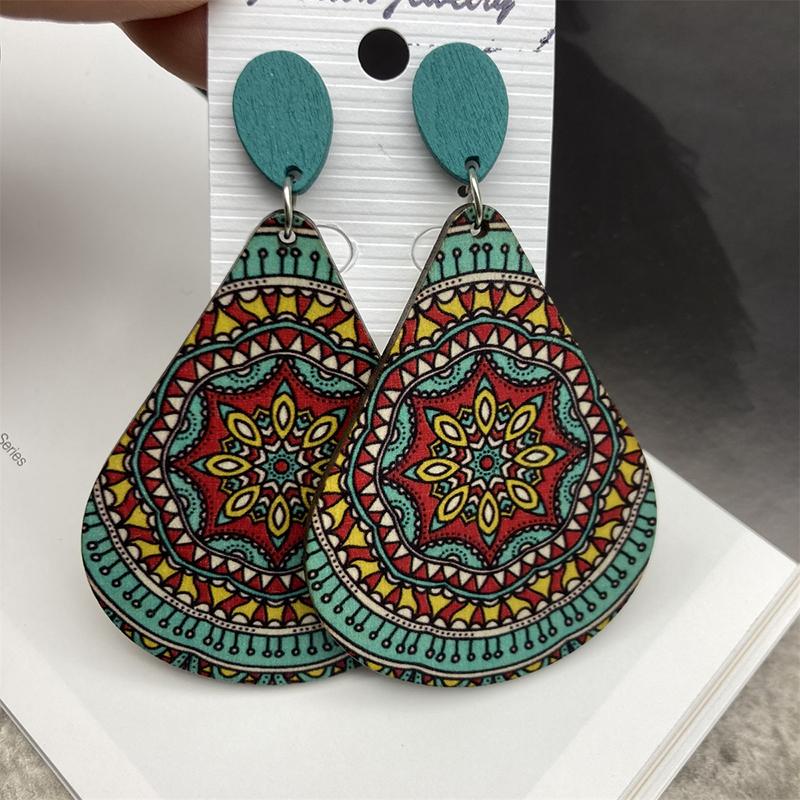 Bohemian Big Water Drop Wooden Earrings for Women Vintage Unique Design Colorful Printed Ethnic Earring Female Jewelry