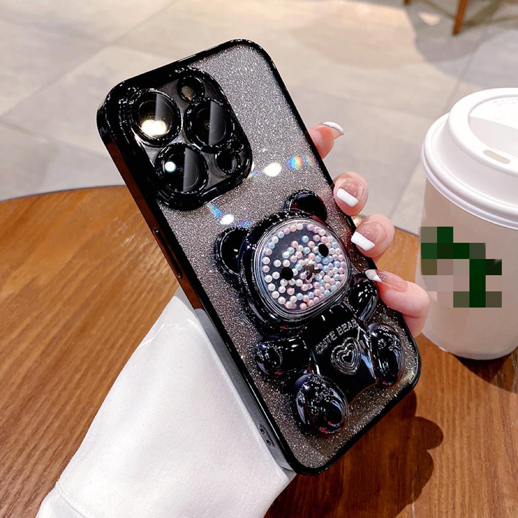 Suitable for IPhone15 Case, Gradient Glitter Apple 16 Silicone 14Promax Fashionable Bear Stand