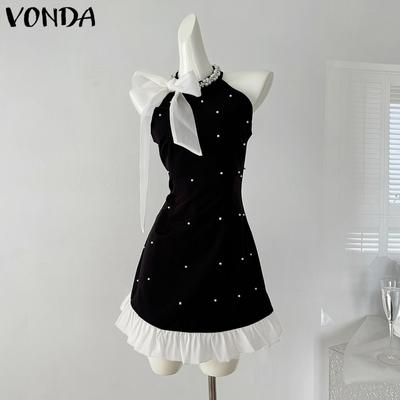 Women Bow Knot Sleeveless Sequin Beading Slim Waist Casual Mini Dress
