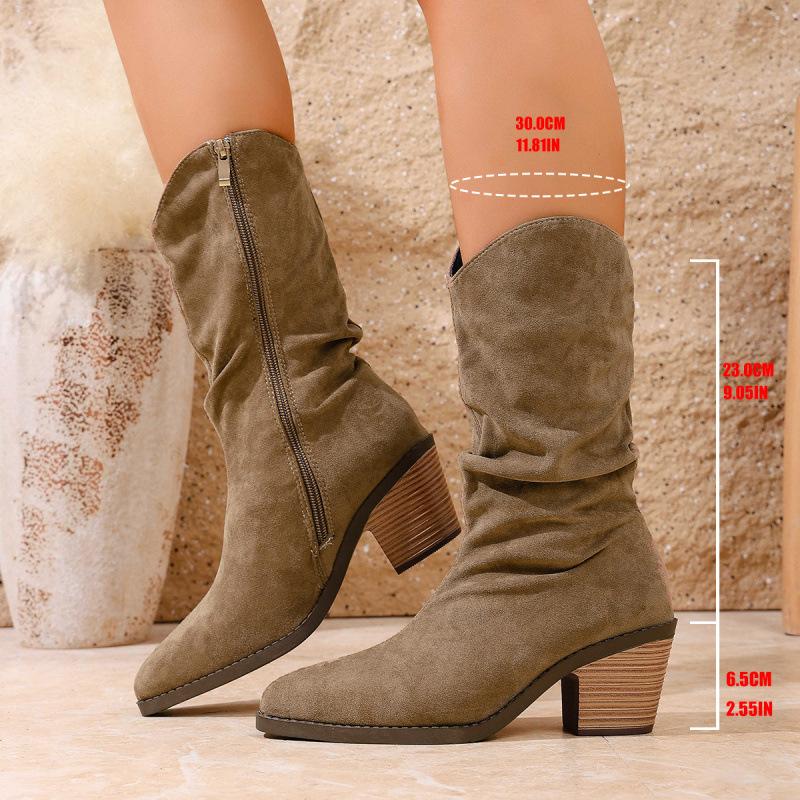 Thick heel pointed tip pleated pile boots women's autumn and winter new retro short boots matte soft leather fashion boots women