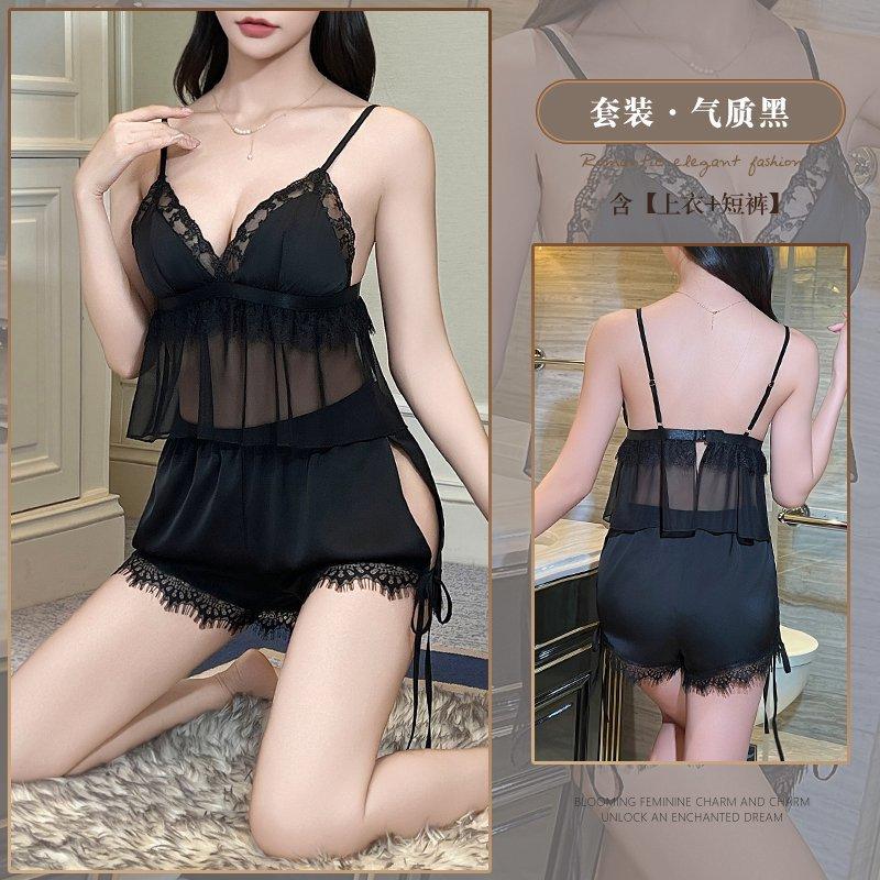 

New sexy nightdress with chest pad women s high-end lace suspender two-piece set M