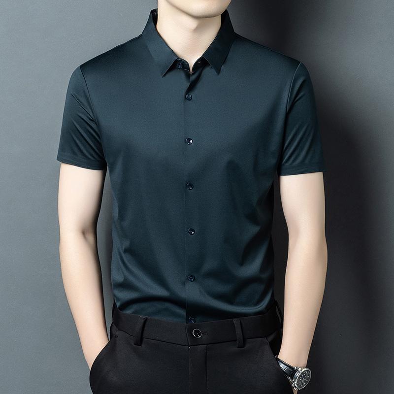Men's Ice Silk Short Sleeve Lapel Shirt - Business Casual, Non-Iron, Elastic Fit for Middle-Aged Dads