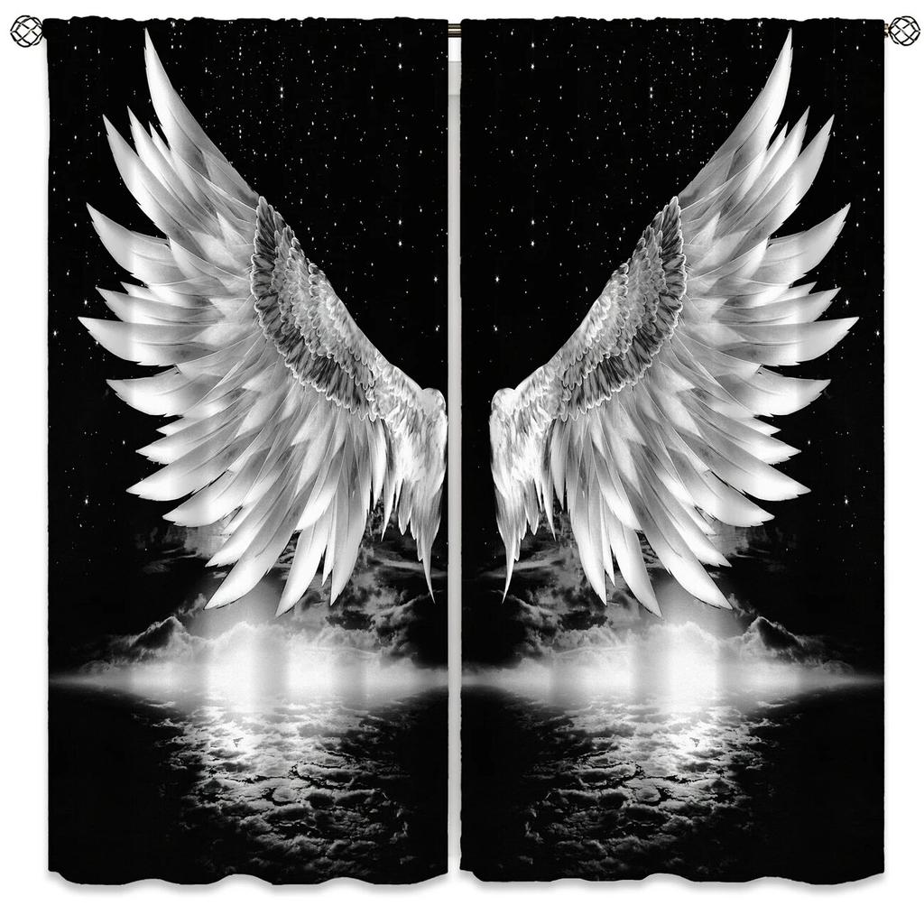 2 Pieces of Angel Wings and Star Printed Curtains, Pole Bag Home Decoration, Room Decoration