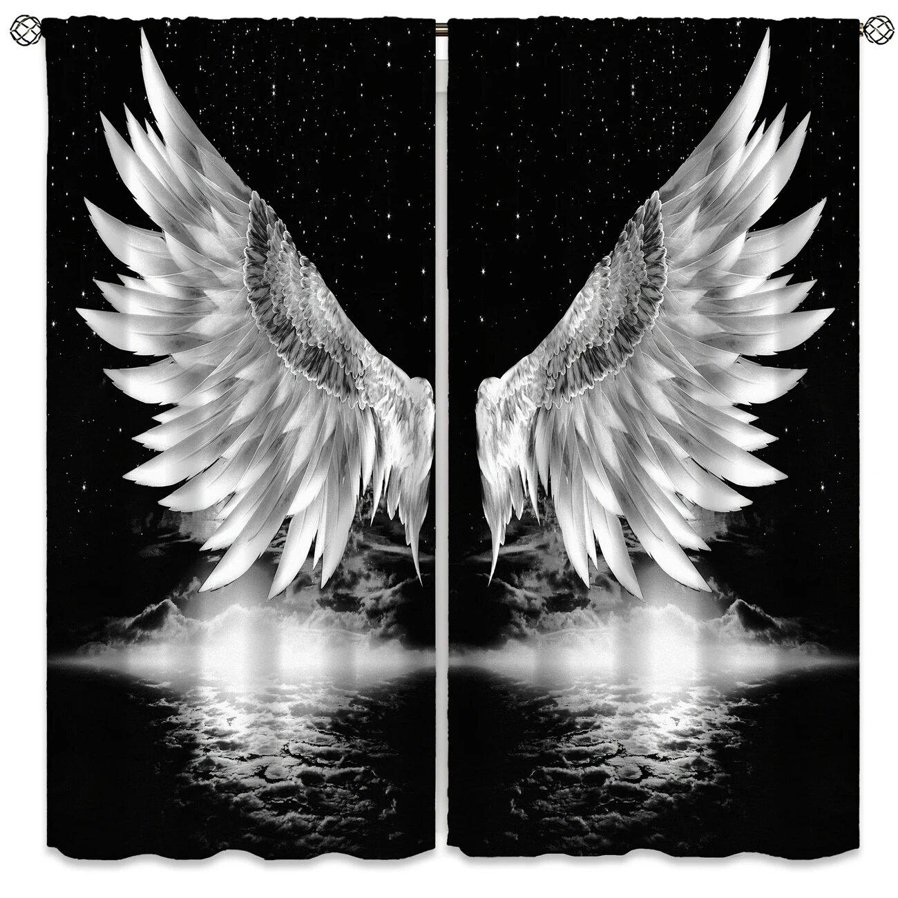 

2 pieces of angel wings and star printed curtains, pole bag home decoration, room decoration 29Wx64L(75x166CM)x2