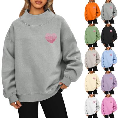 Women's Valentine's Day Print Fashion Loose High-Collar Long Sleeve Solid Color Sweatshirt Pullover